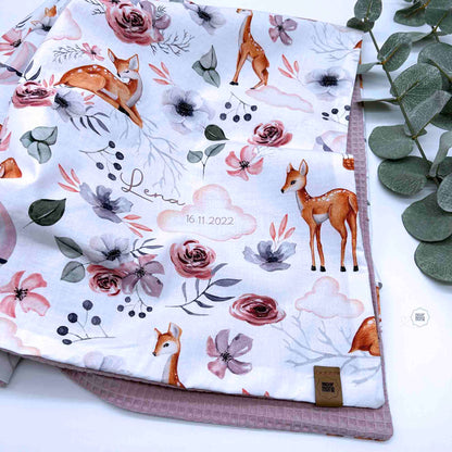 Babydecke Blumen Rehe rosa mit Namen